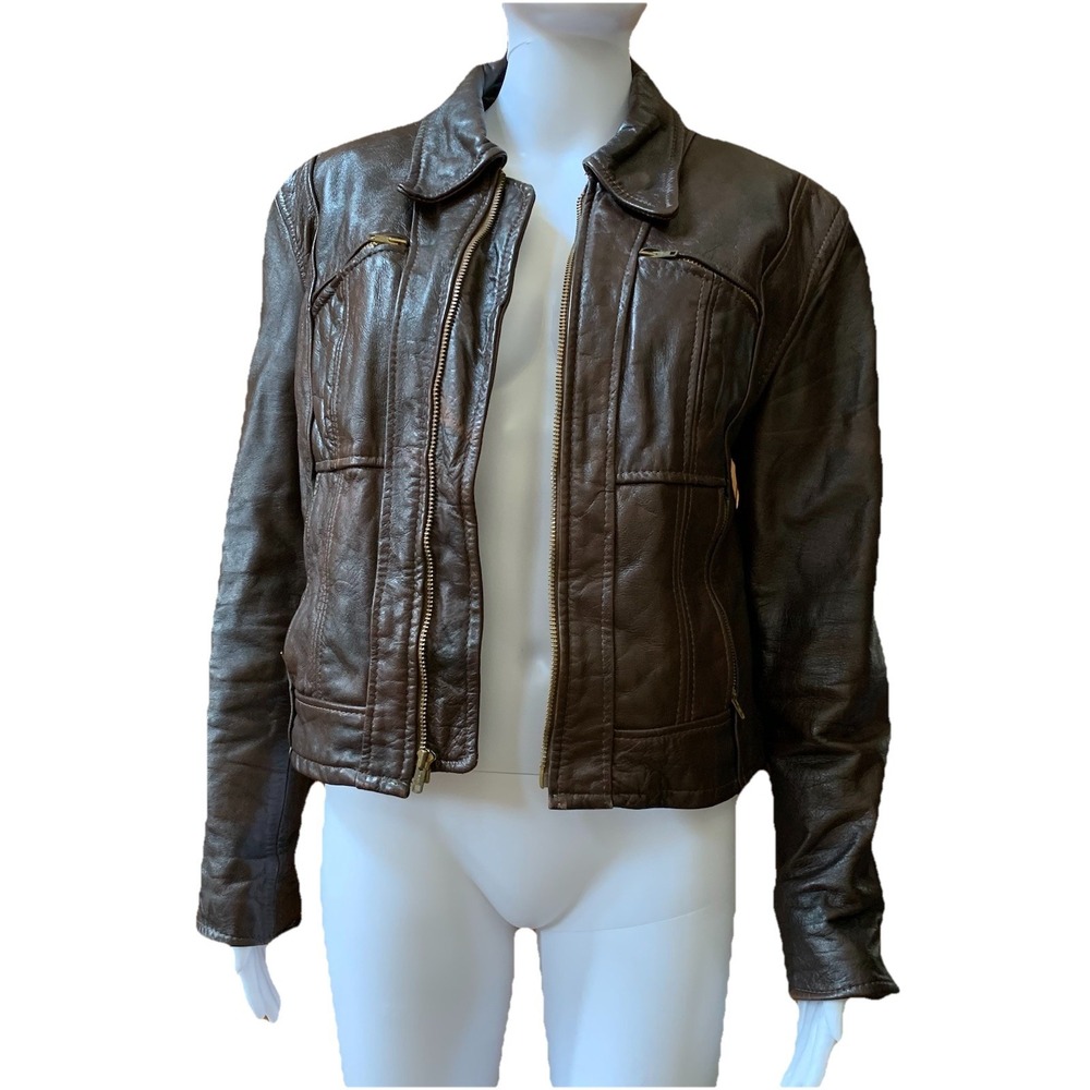 VTG 60s Lesco Brown Unisex's Leather Moto Pocket Jacket With Faux Fur Lining- 16